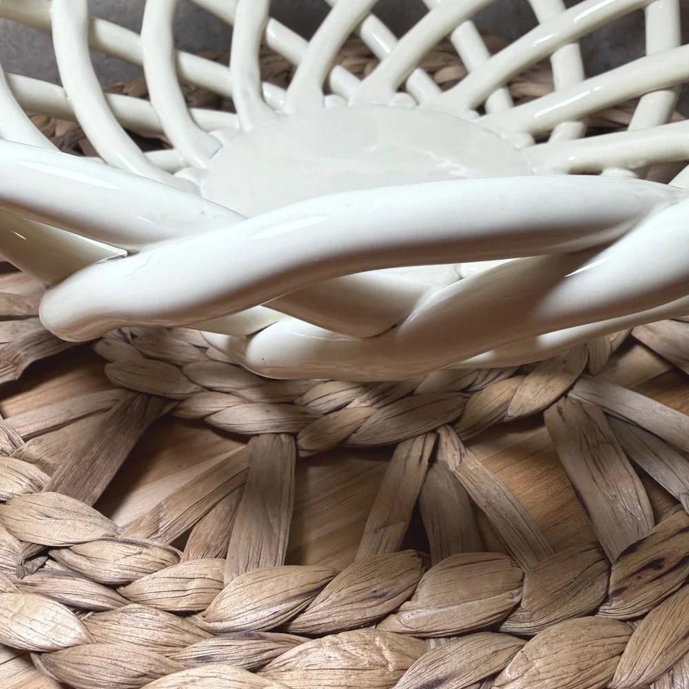 Casafina Portugal Cream Ceramic Woven Lattice Basket Bowl Medium Round 10